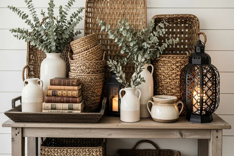 Close-up farmhouse decor vignette with woven baskets, ceramic vases, dried eucalyptus, wooden trays, vintage books, iron lanterns glowing softly.