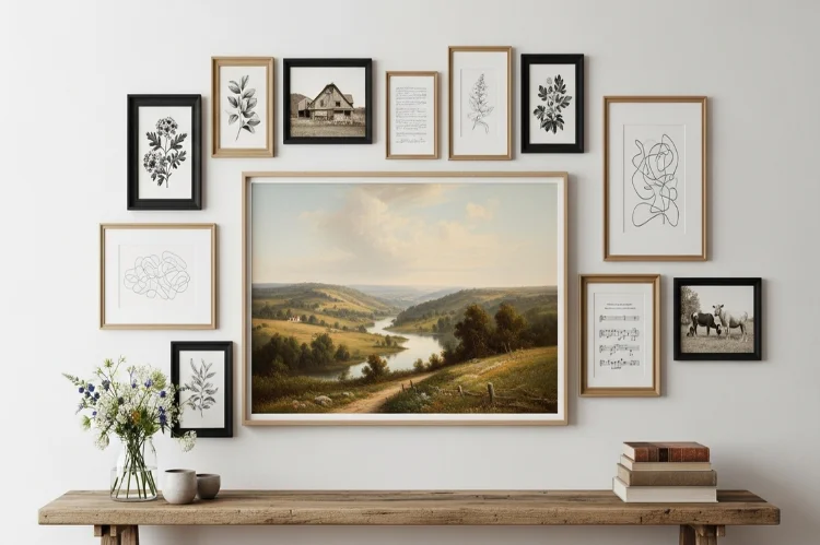Modern farmhouse gallery wall with one large vintage landscape artwork at center.