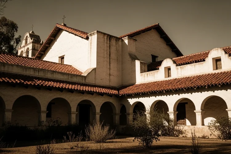 Historic Spanish Colonial architecture in early California, adobe missions, arched corridors, thick walls.