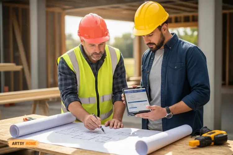 A contractor and homeowner reviewing building plans with safety helmets, blueprint and building code.