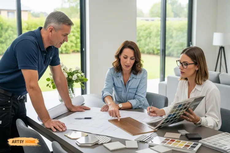 A homeowner meeting with contractor and an interior design, reviewing sample and plan.