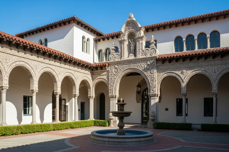 Spanish Colonial Revival architecture from early 20th century California, ornate arches, Baroque details.