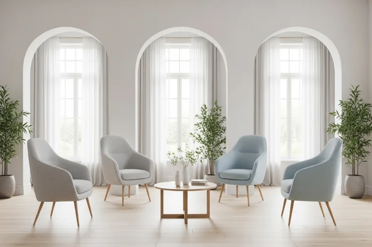 A living room with chairs instead of bulky sofas near doorways, open entrances.