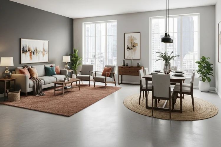 Open plan space with consistent flooring but distinct rugs for living and dining areas