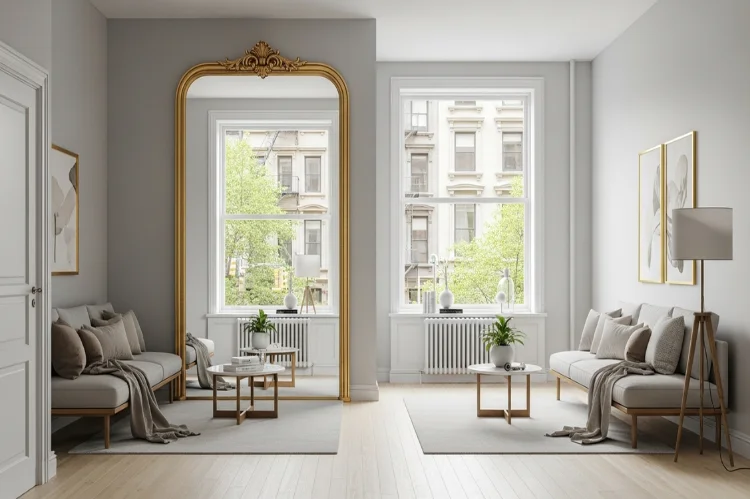 A narrow living room with large mirror reflecting window light, visually doubled space.