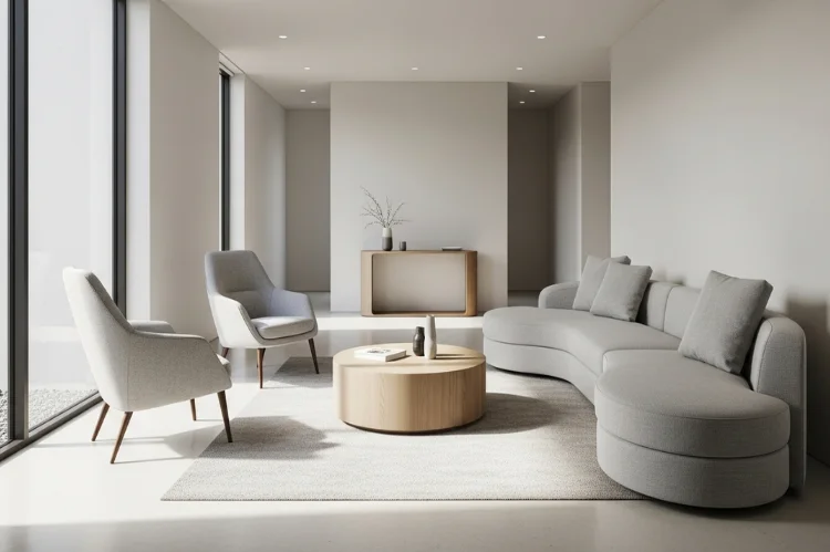 A narrow living room with round coffee table and curved furniture edges, smooth walking paths.