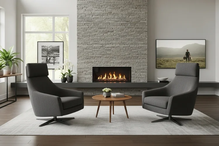 A living room with swivel chairs positioned between fireplace and TV, flexible seating allowing easy rotation.