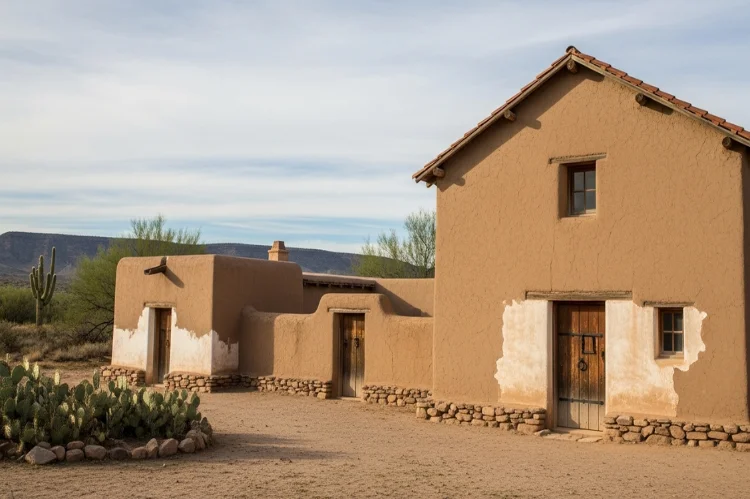 Historic Spanish Colonial architecture in early California, adobe missions, arched corridors, thick walls.