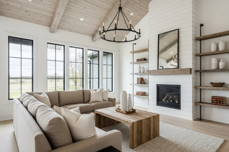 A bright modern farmhouse living space showcasing clean lines, neutral whites and warm beiges, reclaimed wood accents.