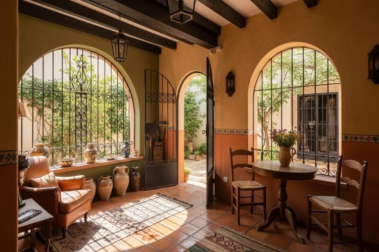 A cozy Spanish style home interior blending indoor and outdoor living, arched doorways opening to a courtyard.