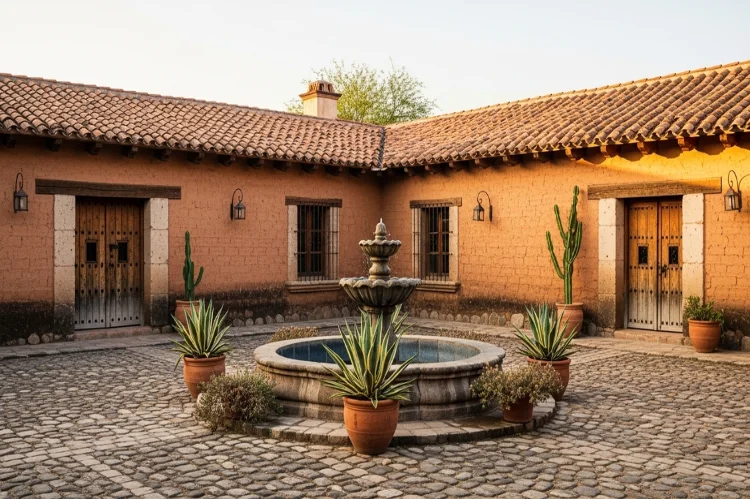 Traditional Hacienda-style estate with a large central courtyard, adobe walls, rustic wooden doors.