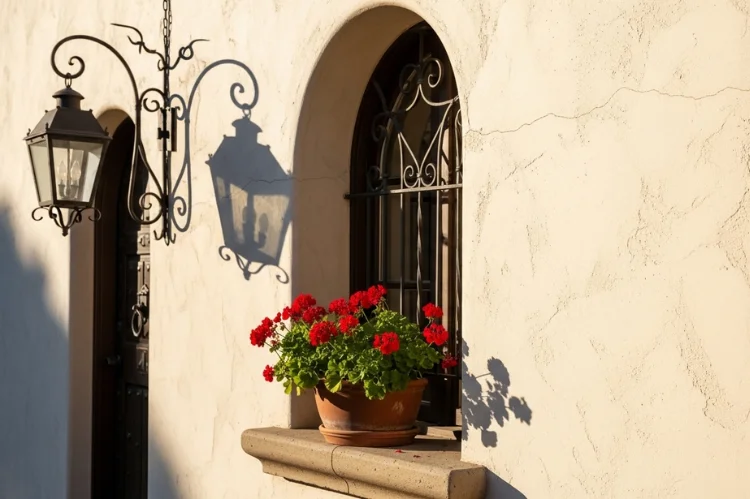 Spanish style stucco exterior wall with subtle texture, warm cream tones, sunlight casting soft shadows.