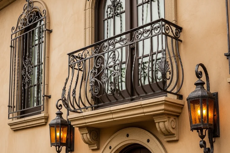 Decorative wrought iron railings, window grilles, lanterns on a Spanish style home, handcrafted details, old-world charm