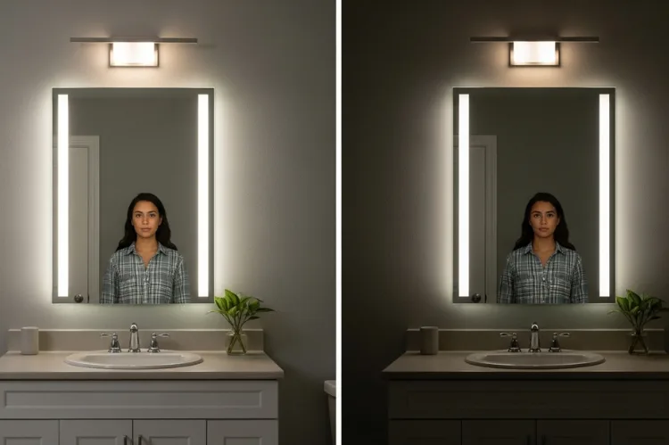 Bathroom vanity mirror split comparison showing correct balanced side lighting vs harsh overhead-only lighting