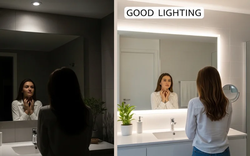 Bathroom lighting mistakes comparison, harsh shadows and uneven placement.