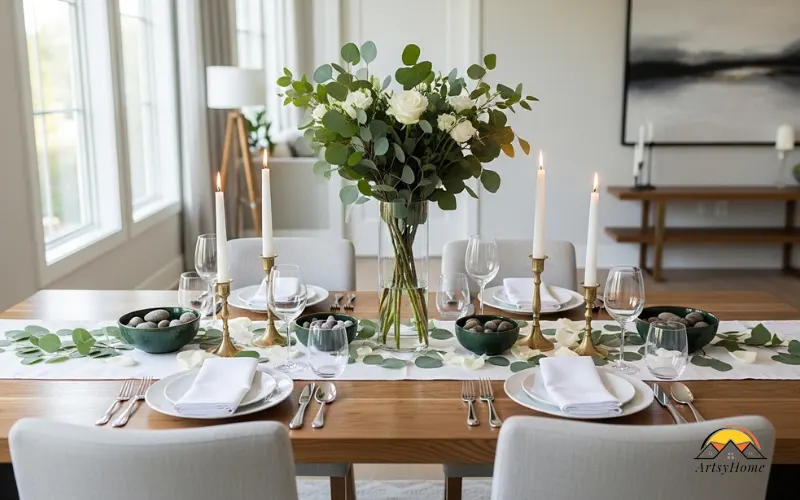 Elegant dining table centerpiece with candle, vase and greenery, modern home interior, soft natural light.