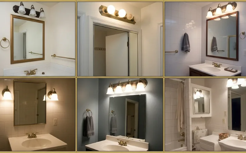 Comparison collage of outdated bathroom lighting styles, Hollywood globe lights, dome flush mount, oversized chandelier.