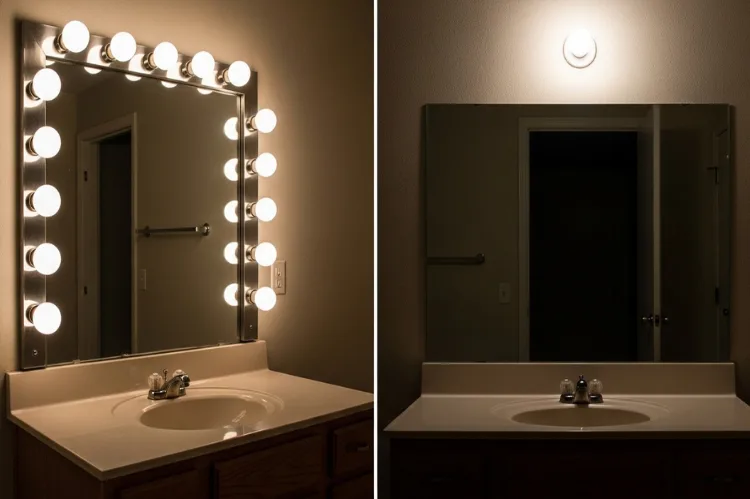 Outdated bathroom vanity lighting examples (Hollywood globes, single overhead light)