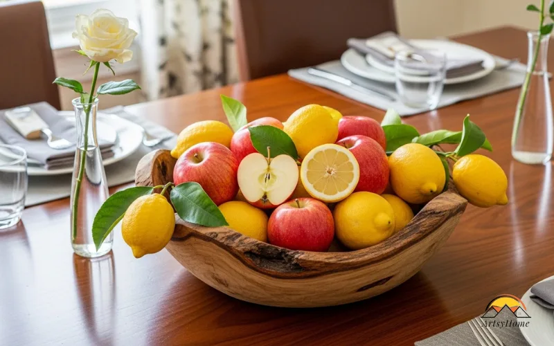 Wooden bowl with lemons and apples as dining table centerpiece.