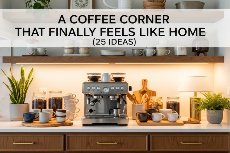 A beautifully styled home coffee bar cabinet in a cozy kitchen, espresso machine, mugs, jars, plants, warm lighting, modern yet inviting interior.