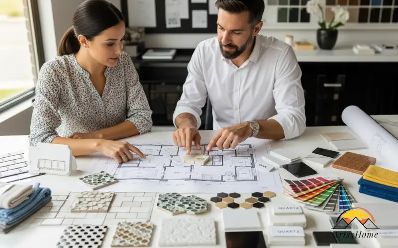 Homeowner planning bathroom renovation with designer, blueprint and material samples.