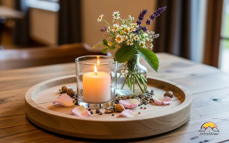 Round wooden tray centerpiece with candle and small vase.