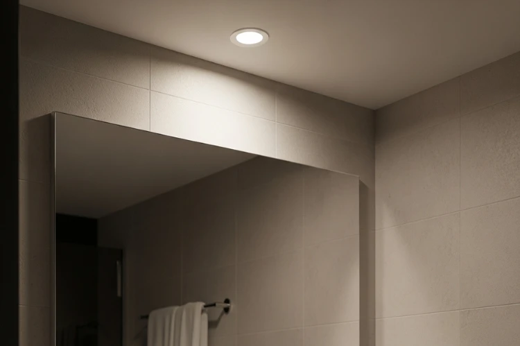 Bathroom mirror with single recessed ceiling light above, strong shadows under eyes and chin, dramatic unflattering lighting, modern bathroom interior
