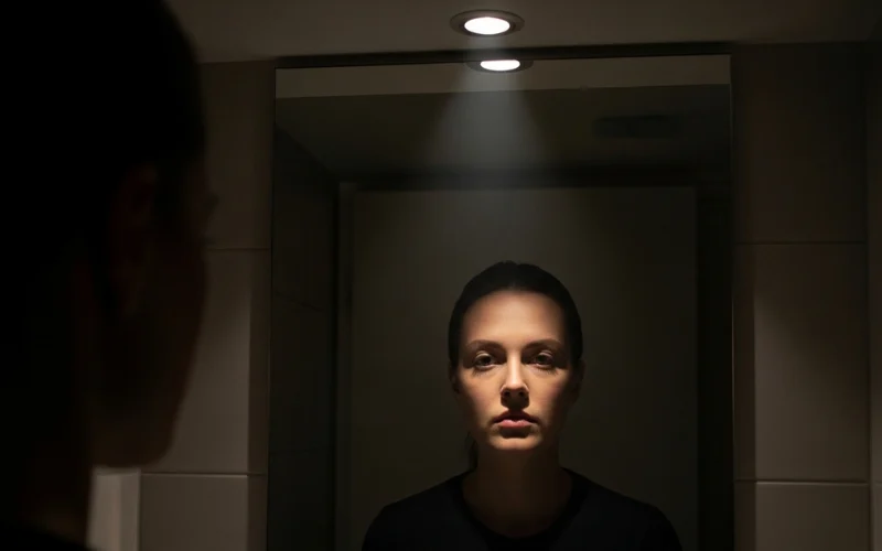 Bathroom mirror with single recessed ceiling light above, harsh shadows under eyes and chin, realistic lighting comparison.