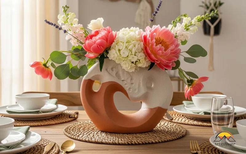Ceramic sculptural vase centerpiece with fresh flowers on dining table.
