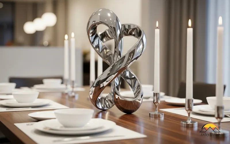 Abstract sculpture used as dining table centerpiece.
