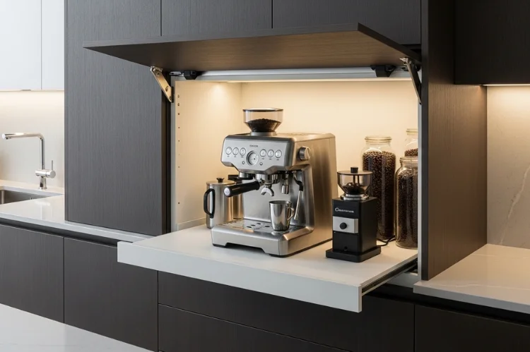 A modern appliance garage cabinet opened to reveal a coffee machine, hidden coffee nook, clean countertops.