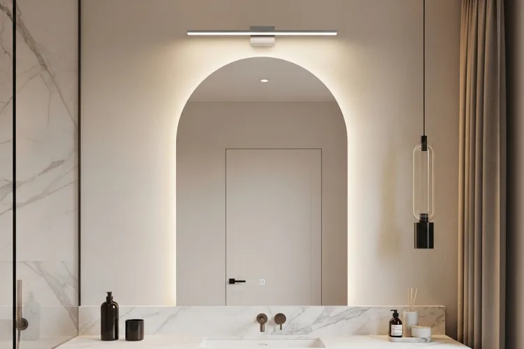 Arched bathroom mirror with slim narrow picture light above arch, fixture not overpowering curve, soft balanced lighting