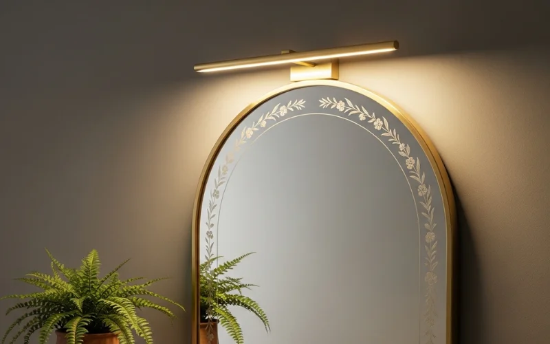Elegant arched mirror with slim picture light above, soft balanced glow.