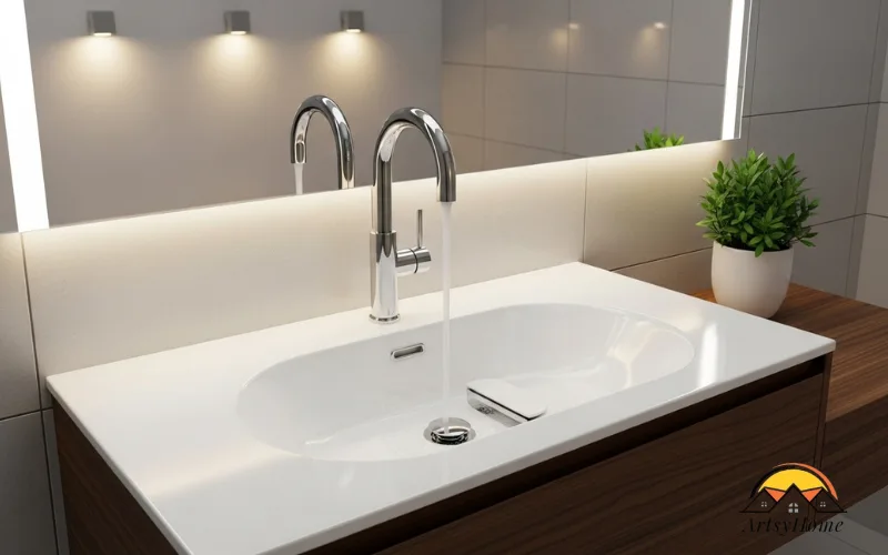 Elegant ceramic basin with proper drainage, running water, modern bathroom setting.
