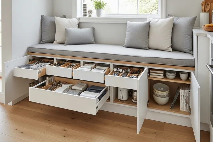 Banquette bench with multiple built-in drawers, storage open showing neatly organized items, neutral cushions, modern kitchen interior.