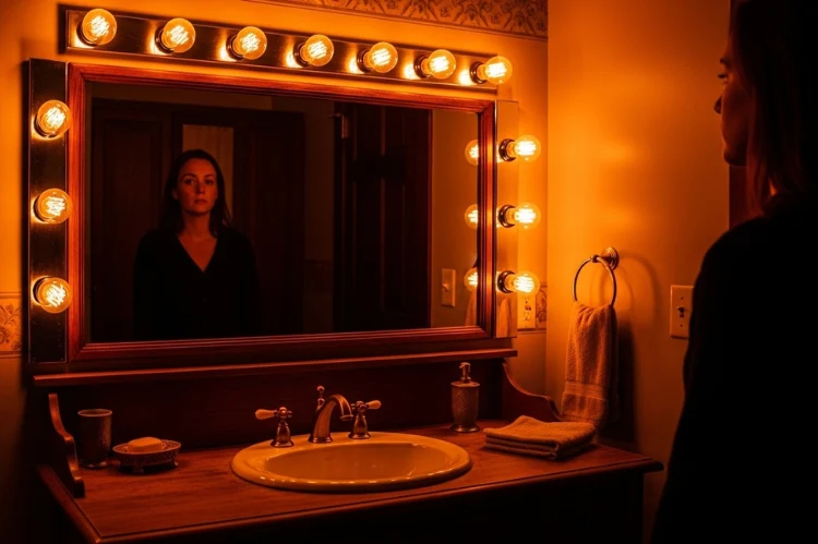 Bathroom vanity with exposed Edison bulbs above mirror, very warm orange lighting (2200K), distorted skin tones in reflection, vintage style but poor task lighting