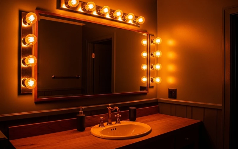 Bathroom vanity with exposed Edison bulbs, warm 2200K orange glow, distorted skin tones, vintage style.