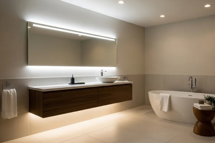 Modern bathroom showing layered lighting: ceiling recessed ambient lights, vanity task lighting at mirror, LED strip accent lighting under floating vanity