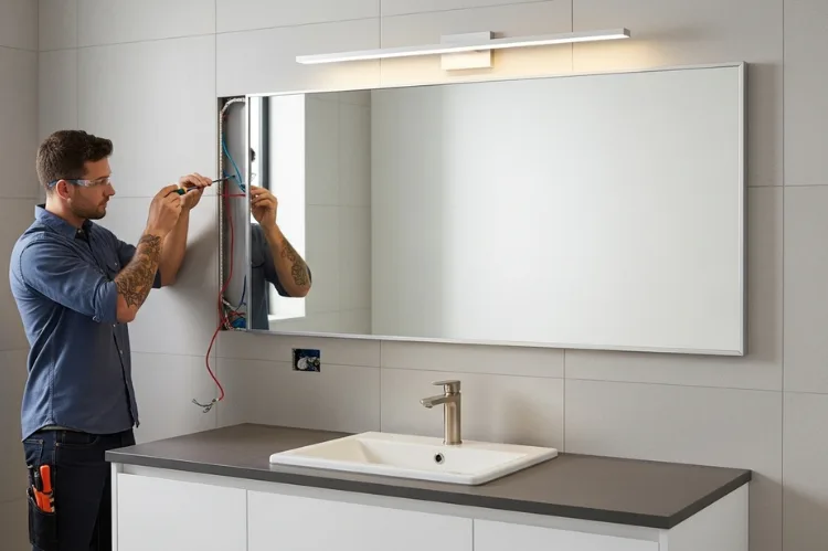 Electrician installing damp-rated vanity light above bathroom mirror