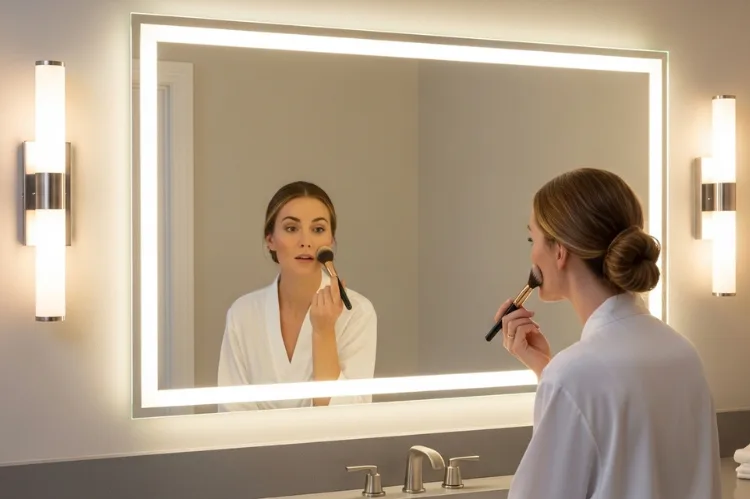 Woman applying makeup under 4000K neutral white high CRI lighting with side sconces, accurate skin tone