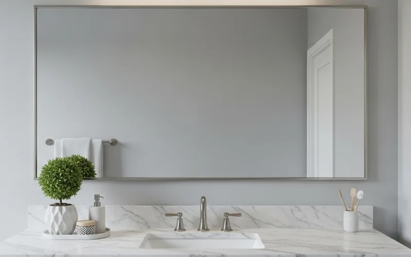 Bathroom vanity light installed at proper height above mirror, shadow-free balanced lighting.