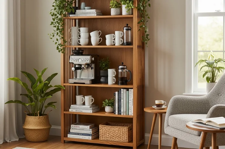 A tall bookshelf styled as a coffee station, mugs, coffee machine, books and plants mixed together.