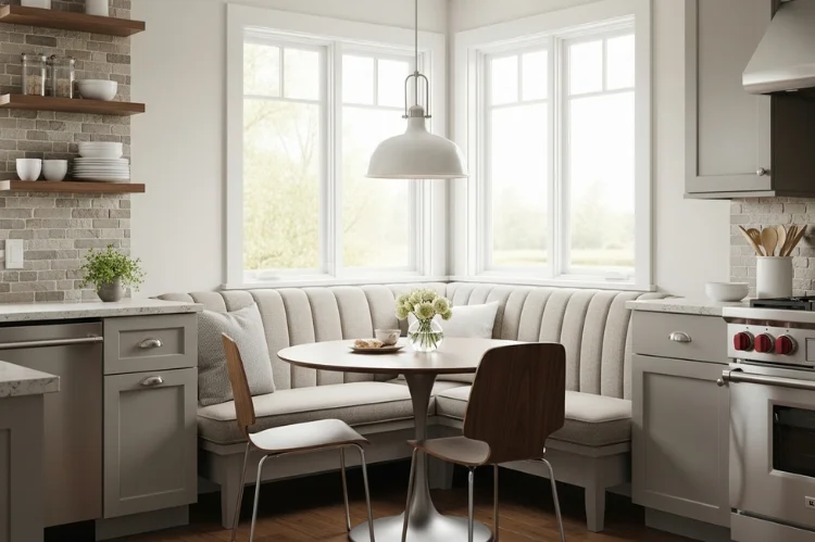 Small kitchen banquette forming a dedicated breakfast nook, neutral upholstery, bright natural light, cozy and inviting interior.