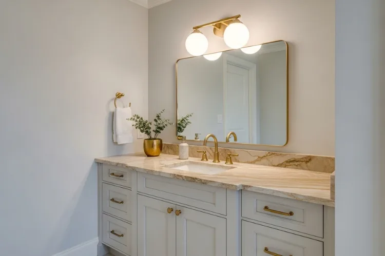 Elegant bathroom vanity with brushed gold vanity light fixture, matching brass faucet and hardware, warm marble countertop, soft neutral color palette