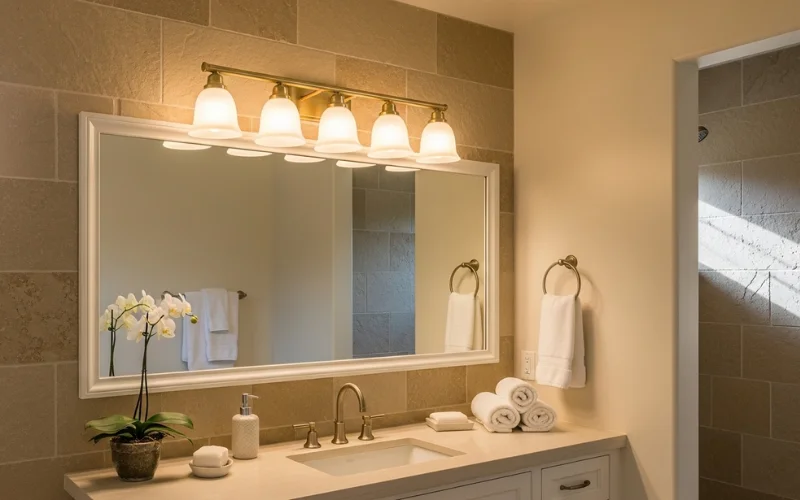 Warm brass vanity light in spa-style bathroom interior.
