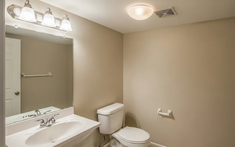 Basic frosted dome ceiling light in small bathroom, flat lighting, uninspired builder grade interior.