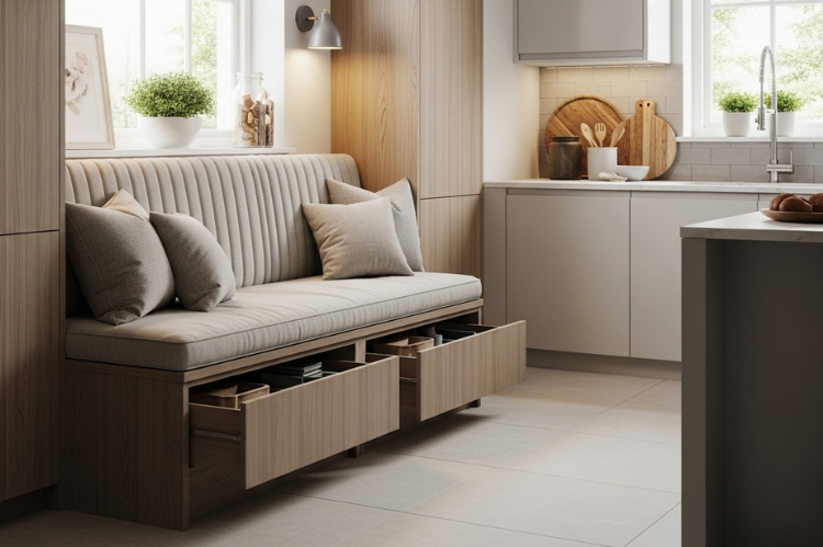 Built-in banquette bench attached to walls, storage drawers visible, neutral cushions, modern kitchen interior.
