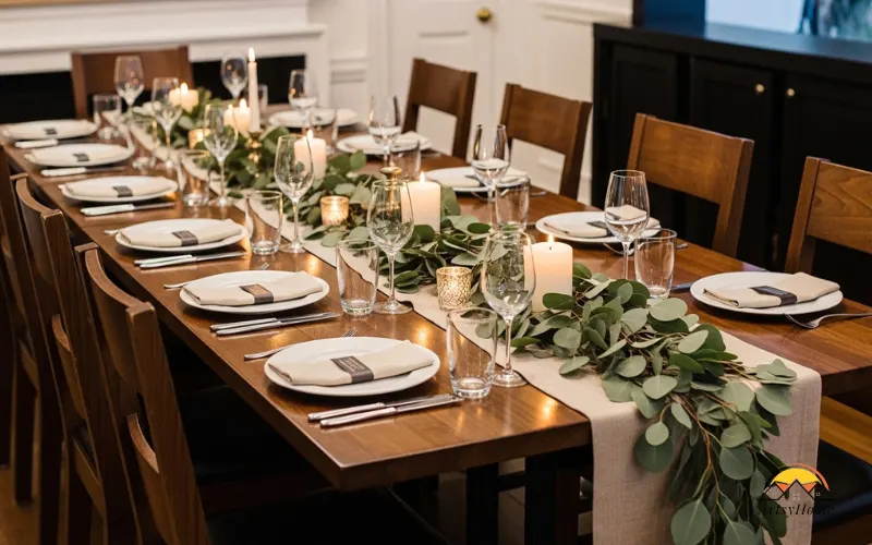 Long rectangular dining table with eucalyptus garland and candles runner style.
