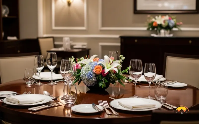 Round dining table with single low floral centerpiece, balanced and elegant.