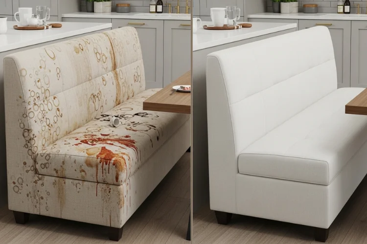 A cream linen upholstered banquette visibly stained with coffee and food spills, contrasted with a clean.